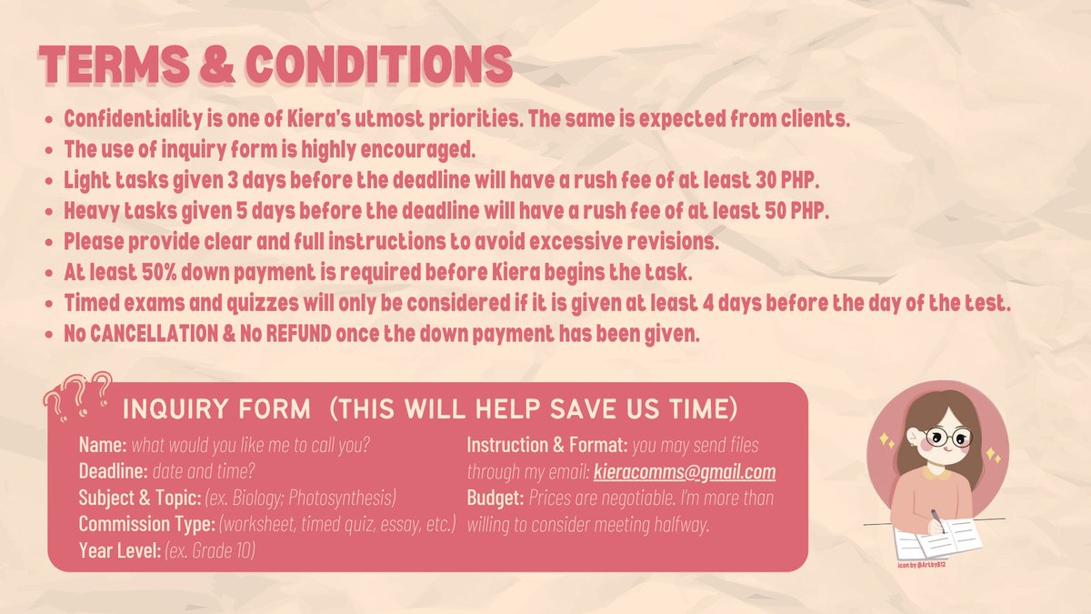📣 • <a href="/kieracomms/">Kiera ♡ | med commer</a> mentioned you

Kiera here, ready to help you with your academic needs! 

Check out this thread if you wish to know more about my credentials, services, feedbacks, and more. 

To stay up to dated:
#KieraWorks  ⊰ feedbacks ⊱
#KieraUpdates ⊰ announcements ⊱