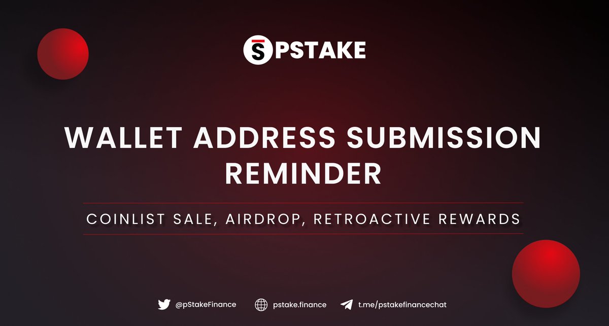 pStakeFinance's tweet image. 1/ $PSTAKE Distribution Reminder: CoinList Sale, Airdrop, Retroactive Rewards

Participants have until the below deadlines to submit their wallet address:

♦️CoinList Sale: March 20, 12 PM UTC
♦️Airdrop: March 20, 12 PM UTC
♦️Retroactive Rewards: April 1, 12 PM UTC

Details👇