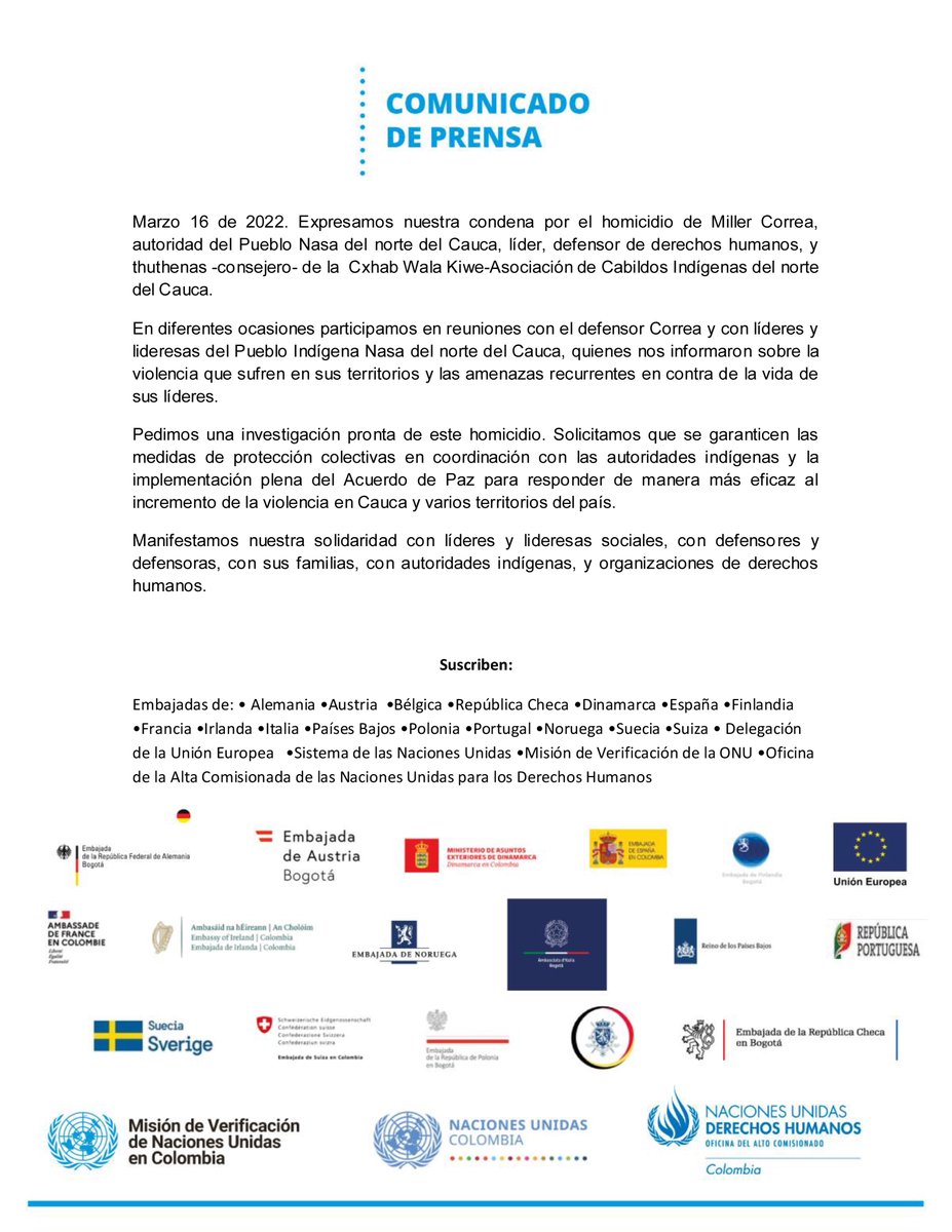MisionONUCol's tweet photo. 🔵 Expresamos nuestra condena por el homicidio de Miller Correa, autoridad del Pueblo Nasa del norte del Cauca, líder, defensor de derechos humanos, y thuthenas -consejero- de la Cxhab Wala Kiwe-Asociación de Cabildos Indígenas del norte del Cauca. 👉 https://t.co/zqTrpL4wVA https://t.co/vDI8MCfx1K