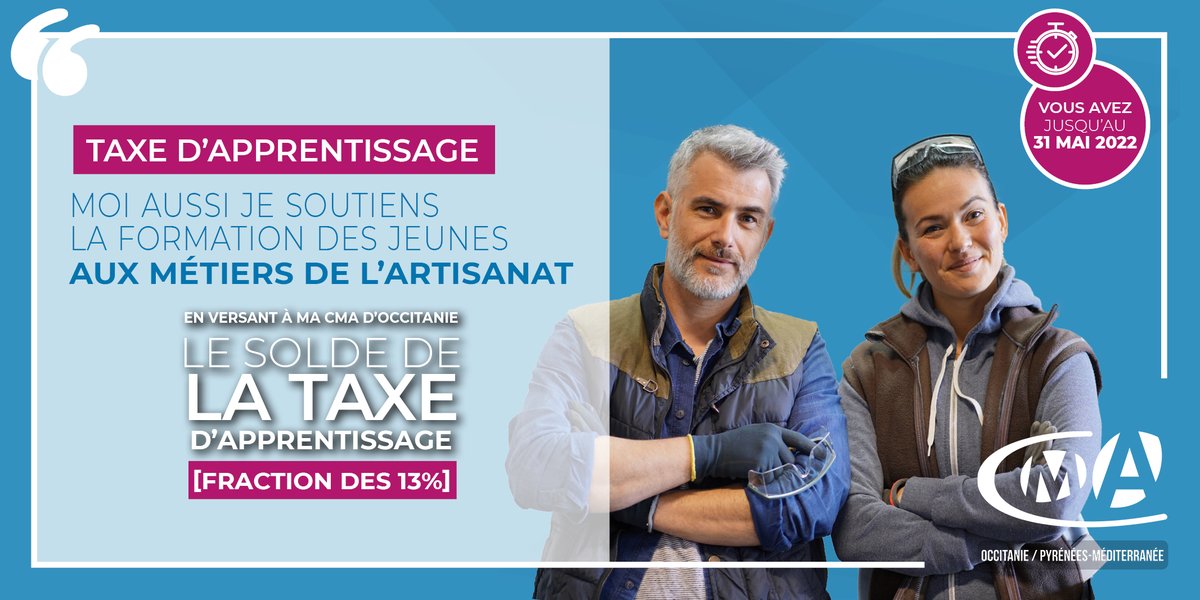 CMA_Gers's tweet photo. 📢Versez les 13% de votre taxe d’apprentissage à votre #CMA32 et soutenez les actions de @CMAR_Occitanie en faveur des métiers de l’#artisanat. Votre contribution nous permet de former les jeunes et de préparer l’avenir. #GenerationArtisanat #apprentissage https://t.co/vmZoqnfcu7