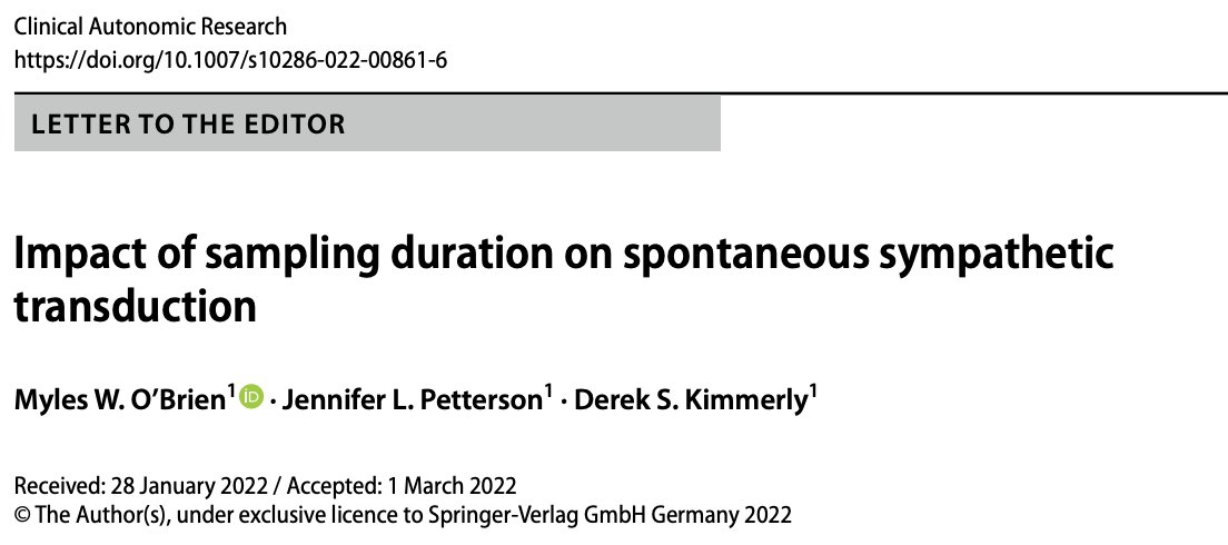 Myles_OBrien20's tweet photo. "Impact of sampling duration on spontaneous sympathetic transduction" where we compare sampling times and investigate short sampling durations on sympathetic transduction outcomes! 
Published: @ClinAutonRes 
https://t.co/9PSAsFpoZC
@DalHealth @Dal_HAHP @Jen_Petterson https://t.co/DqSMhNCrl4
