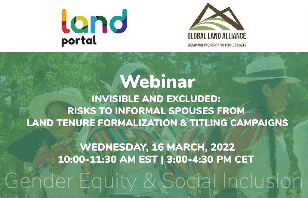 Happening today at 3PM CET: Join the webinar #InvisibleAndExcluded: Risks to Informal Spouses from Land Tenure Formalization and Titling Campaigns landportal.org/event/2022/02/… #CSW66 #IWD2022 #IWD #landrights <a href="/GlobalLandAllia/">Global Land Alliance</a> <a href="/Landesa_Global/">Landesa</a> <a href="/COLANDEF/">COLANDEF</a> <a href="/nanaamayirrah/">Nana Ama Yirrah</a> <a href="/landportal/">Land Portal</a>