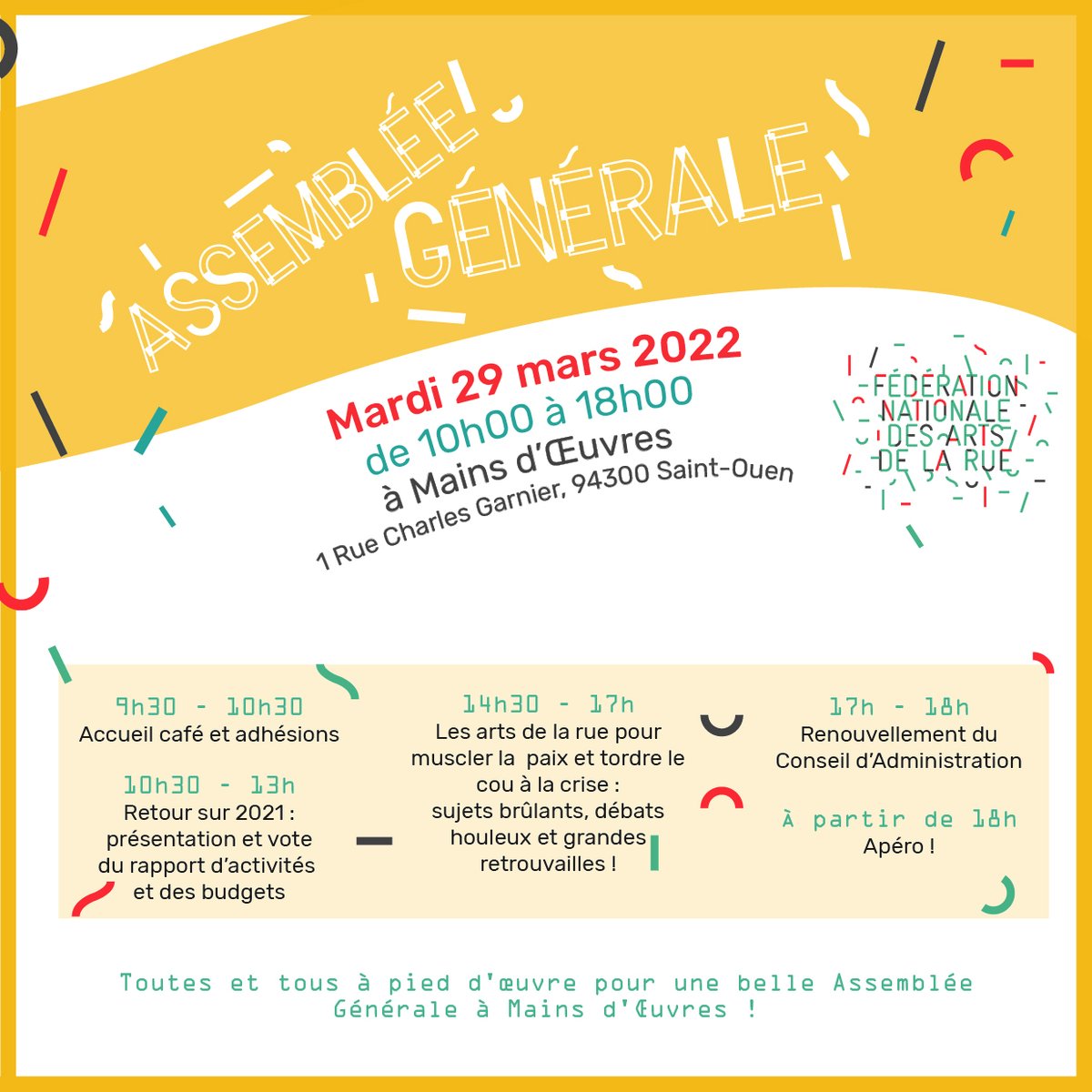 Indécis·e·s ? Voici un aperçu du déroulé de la journée d'Assemblée Générale, qui se déroulera sur place ET en visio! On vous espère nombreux·ses parmi nous à <a href="/mainsdoeuvres/">Mains d'Œuvres</a>! 
federationartsdelarue.org/actualites/202…
#federationnationaledesartsdelarue #artsdelarue #assembleegenerale #lartestpublic