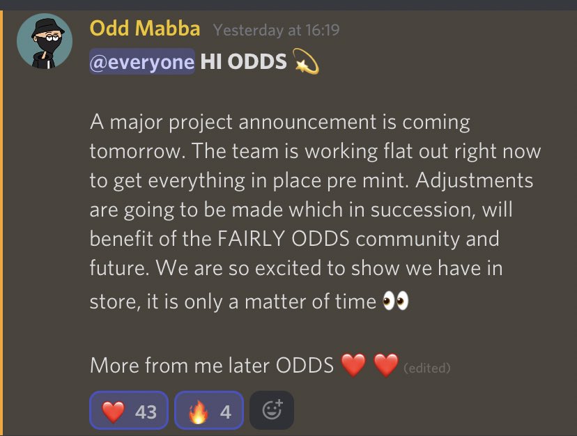 Just peeped that <a href="/FairlyOddsNFT/">FAIRLY ODDS</a> have an announcement coming out today, come and check em out in the discord and see what’s up!