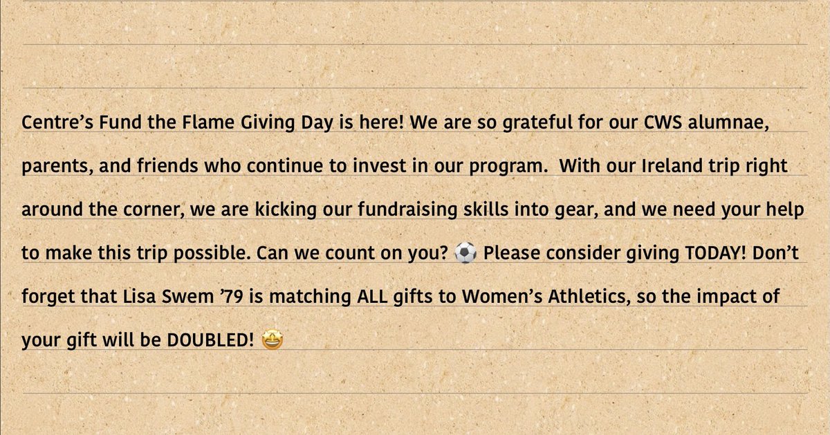 CentreWSoccer's tweet photo. Centre’s Fund the Flame Giving Day is here! Check out the text below for more information on what you can do 💫 https://t.co/qWldnZ5Au3