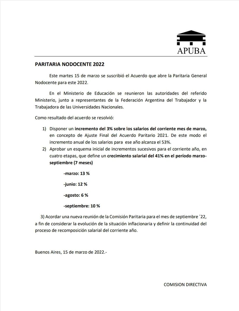 Cominterna_Rec's tweet photo. Este martes 15 de marzo se suscribió el Acuerdo que abre la Paritaria General Nodocente para este 2022.

Compartimos los porcentajes del acuerdo. https://t.co/0HtKyqsDRv
