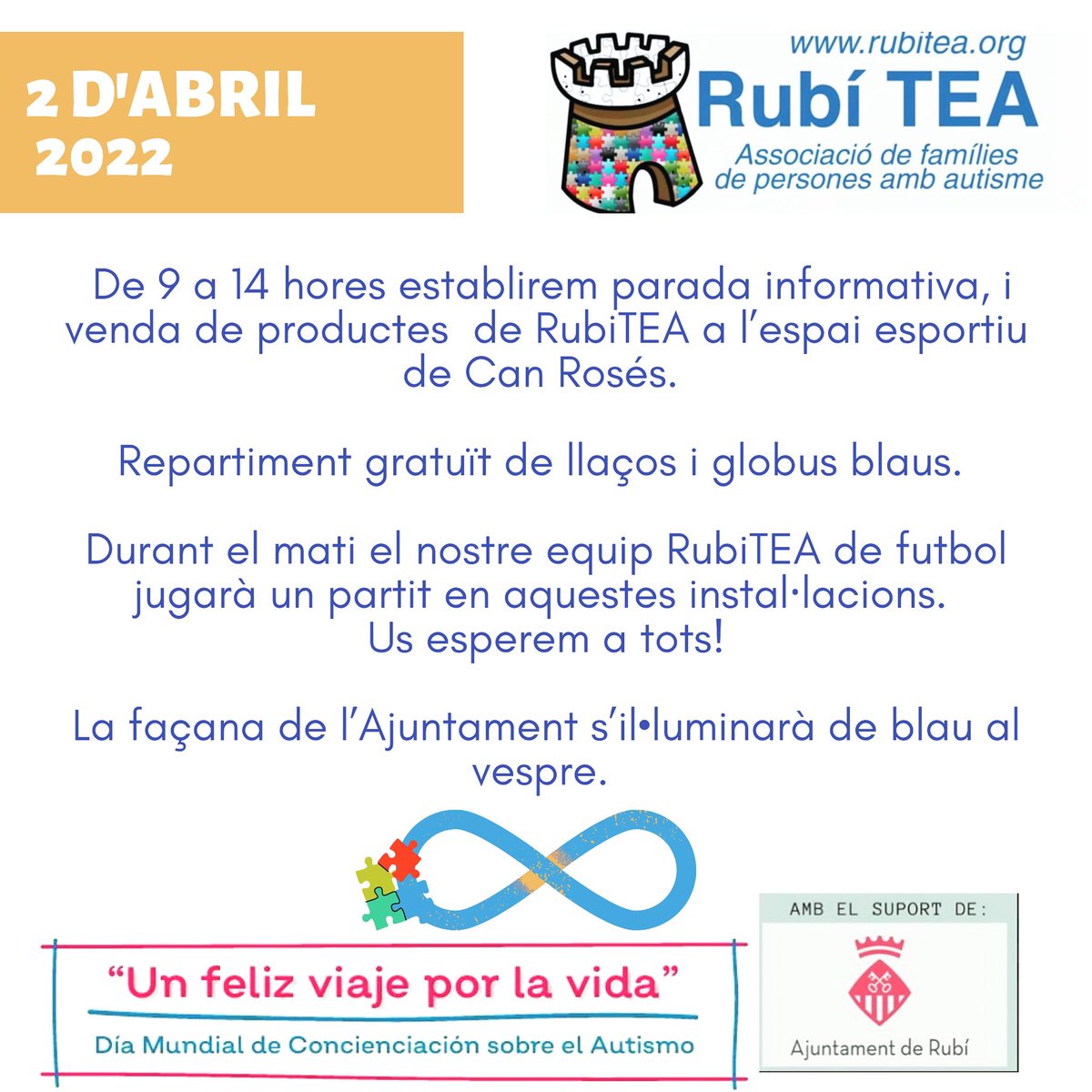tea_rubi's tweet photo. Arriba el #diamundialautismo #diamundialautisme #2abrildiamundialdelautismo i #rubitea vol commemorar-ho amb vosaltres. Us esperem!!!!! #rubicity #TEA #autisme #autismo #TEA #unfelizviajeporlavida https://t.co/7G9o53qJaV