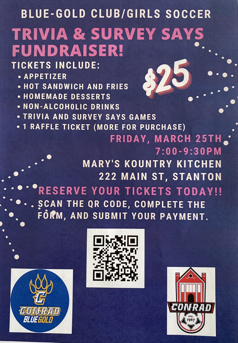 We’re partnering with @Conrad_Soccer for a night of FUN at our Trivia/Survey Says fundraiser on March 25th! @Marshdog315 will be our host! See details below and click here to reserve your spot today! forms.gle/kpfY4j46xNBD8M…