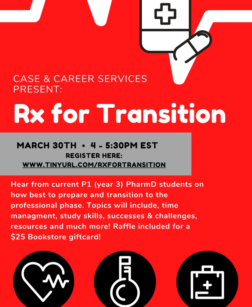 mcphsCASE's tweet photo. The CASE and Career Services are presenting "Rx for Transition" on March 30th from 4pm-5:30pm! Join us to hear from current P1 (year 3) PharmD students about what to expect during the professional phase. Register at https://t.co/XKt4jjALTf  #justinCASE #inCASEyouneedus #mcphs https://t.co/7sAhpmOrJe
