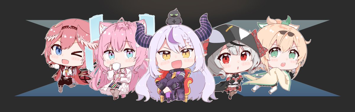 hakui koyori ,kazama iroha ,la+ darknesss ,sakamata chloe ,takane lui multiple girls 5girls pink hair grey hair head wings chibi blue eyes  illustration images