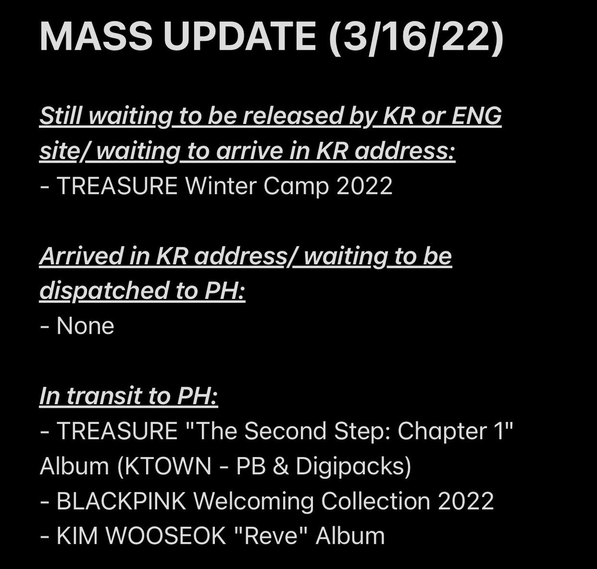 LINE94PH's tweet photo. #Line94Updates
Shipment of all TREASURE non-pooling albums & kits from Weverse, Applewood, & YGS will start on Friday. All orders with combined shipments will be shipped once the albums from KTOWN arrive unless otherwise requested for separate shipping.
Thank you ♥️ https://t.co/wQkHIEH5oa