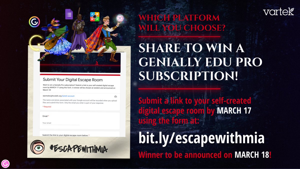 MiaPomales's tweet photo. 📣 Hey @Hamilton_CSD educators, if you attended one of the 🔐Digital Escape Room sessions at the #HCSDShowcase, there's still time to submit your self-created escape room for a chance to win a Genially Pro subscription! Find the form at https://t.co/mlPvzp2JEw https://t.co/w6IcO7iBN9
