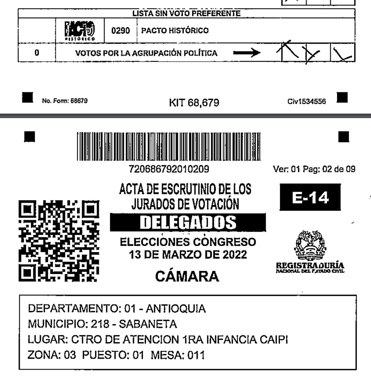 davidcaslu's tweet image. Me puse a revisar el E-14 de mi mesa. Sabaneta, Zona 3, Mesa 11, en el CAIPI. Voté a la cámara por el @PactoCol y aparece como si no hubieran votos.