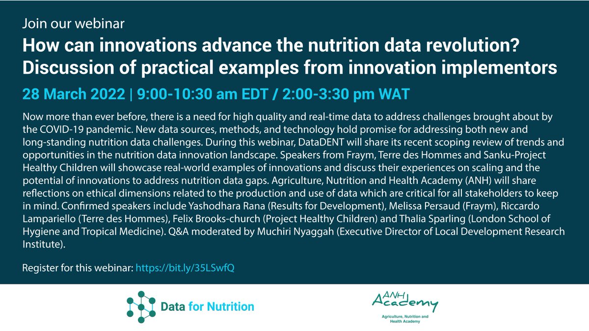 🤔How can innovations advance the nutrition data revolution? 

Join us &amp; <a href="/ANH_Academy/">Agriculture, Nutrition & Health Academy</a> on Monday, March 28 to learn more about the nutrition data innovation landscape and hear practical insights from innovators!
 
Register for the webinar➡️bit.ly/35LSwfQ