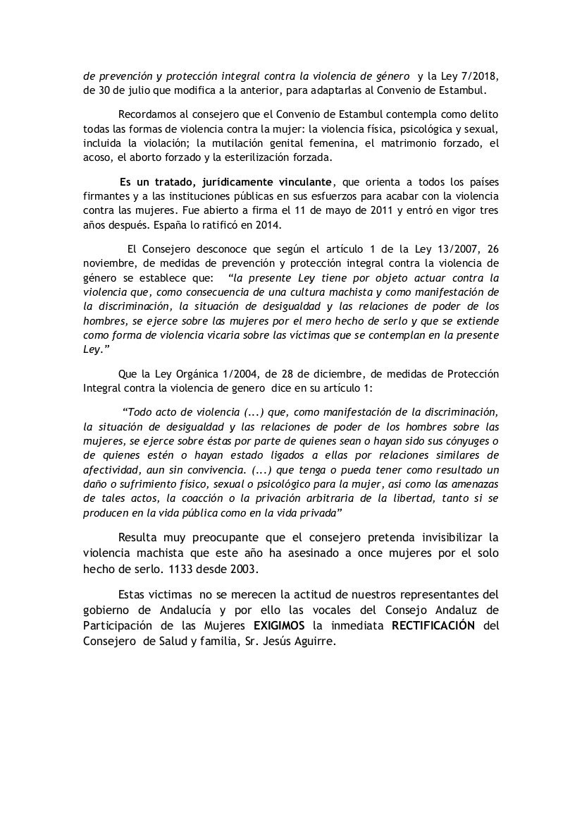 Las vocales del Consejo Andaluz de Participación de las Mujeres condenamos las declaraciones del Consejero de <a href="/saludand/">Consejería de Sanidad, Presidencia y Emergencias</a> Jesus Aguirre y exigimos inmediata rectificación.
