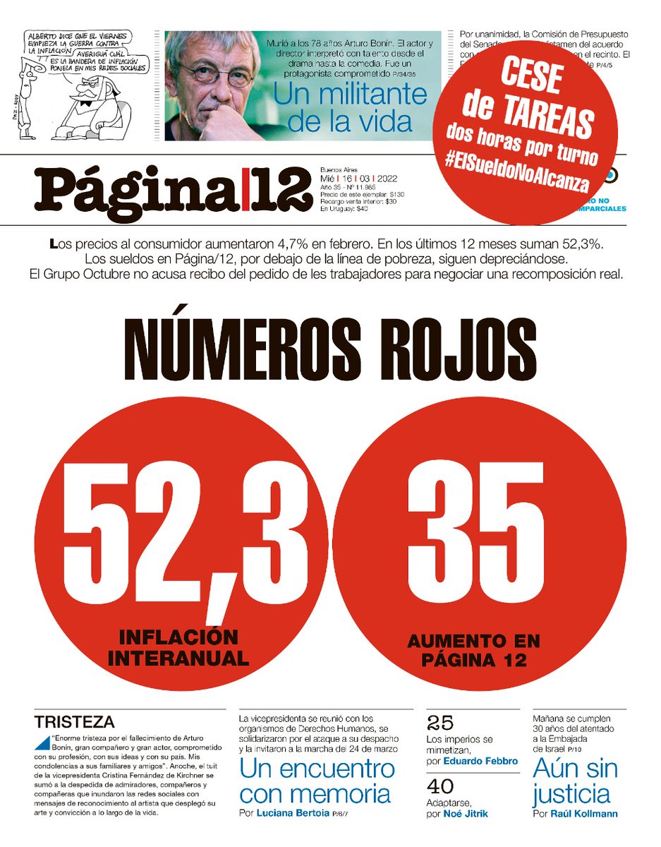 Nuevo CESE DE TAREAS en <a href="/pagina12/">Página|12</a> ante la negativa del Grupo Octubre a iniciar una negociación para recomponer el poder adquisitivo de sus trabajadoras y trabajadores.
#ElSueldoNoAlcanza
