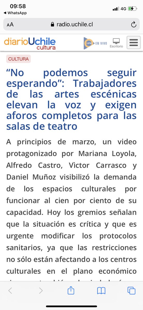 Nuestra presidenta <a href="/RedSalasTeatro/">Red Salas de Teatro</a>, Karla Sandoval, se refiere a las dificultades de nuestro sector para trabajar dignamente en la nota de <a href="/uchileradio/">Diario-Radio UChile</a> 📰🎙

Seguimos a la espera de los anuncios de <a href="/ministeriosalud/">Ministerio de Salud</a> y <a href="/Culturas_RM/">Cultura Metropolitana</a>.

Nota completa en: radio.uchile.cl/2022/03/15/no-…