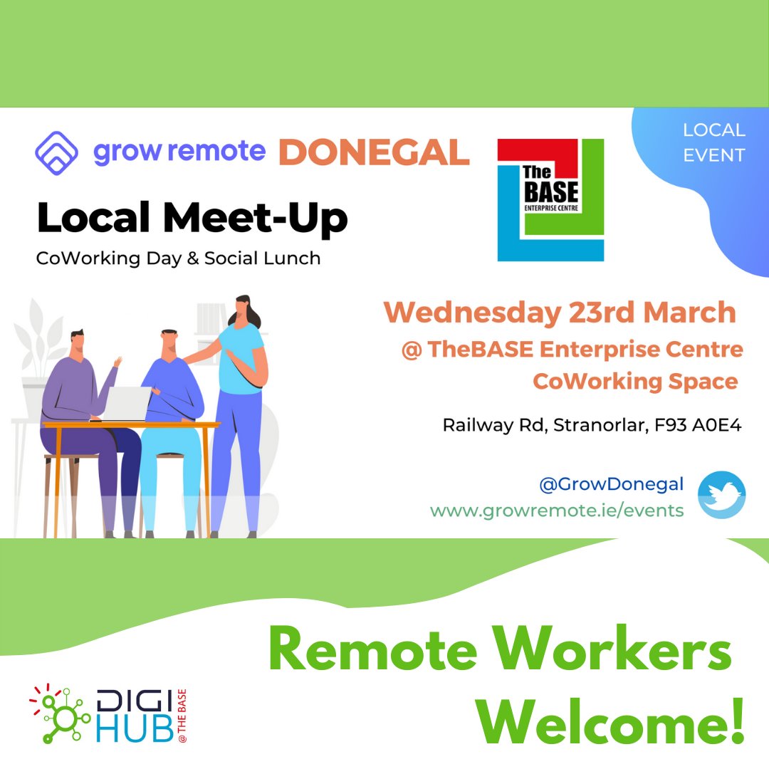 Welcoming Remote Workers to our open day Wed. the 23rd of March! Join us and <a href="/GrowRemoteIrl/">Grow Remote</a> for lunch, work with us for the day &amp; get to know other Remote Workers. If you're remote work curious, you're welcome too!

bit.ly/RemoteWorkDay

#donegal #remotework <a href="/GrowDonegal/">Grow Remote Donegal</a>