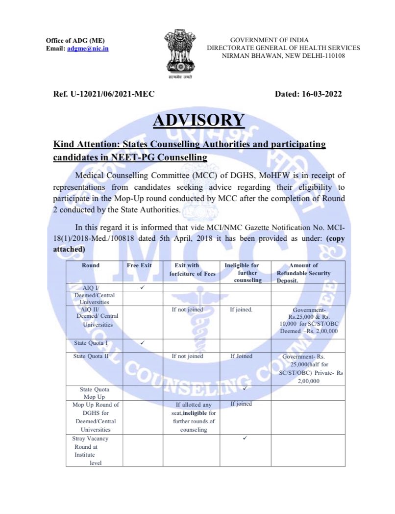 FordaIndia's tweet photo. #Update: Advisory to State Authorities by #MCC regarding eligibility of candidates participating in Mop-up Round of #NEETPGCounselling2021. A welcome step for providing equal opportunity to all candidates @mansukhmandviya @MoHFW_INDIA @DghsIndia @ANI @MirrorNow @ndtv https://t.co/pf3Mb67Rs8
