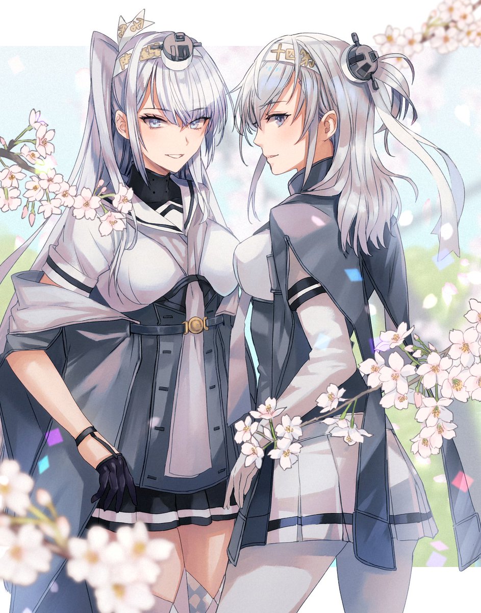 suzutsuki (kancolle) multiple girls 2girls one side up sailor collar grey neckerchief skirt long hair  illustration images