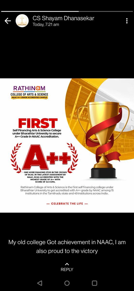 Manickam_reach's tweet photo. We are very happy to inform that in the NAAC Accreditation 3rd cycle our Rathinam College of Arts &amp; Science has obtained A++ grade with a score of 3.6

Congratulation to all stakeholders :  Management, Staff, Students, Alumni, Parents and Corporates..
#moe
#naac
#Coimbatore https://t.co/P3SvAwMEiT