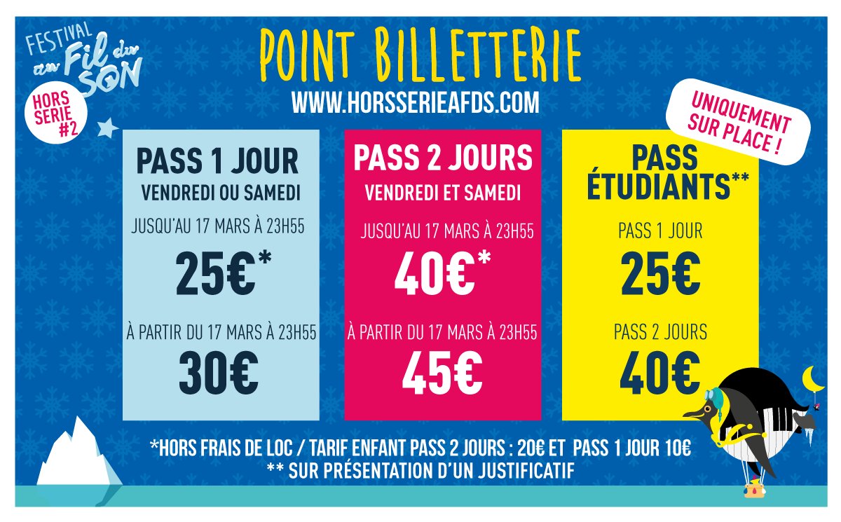 HORS SERIE #2 J-1 ! BILLETTERIE 🎫
🕰Plus que quelques heures pour profiter des tarifs prévente ! À 23h55, les tarifs des Pass 1 jour et 2 jours passent en tarifs plein !
Si tu es étudiant tu pourras bénéficier des tarifs en prévente sur place, sur présentation d'un justificatif!