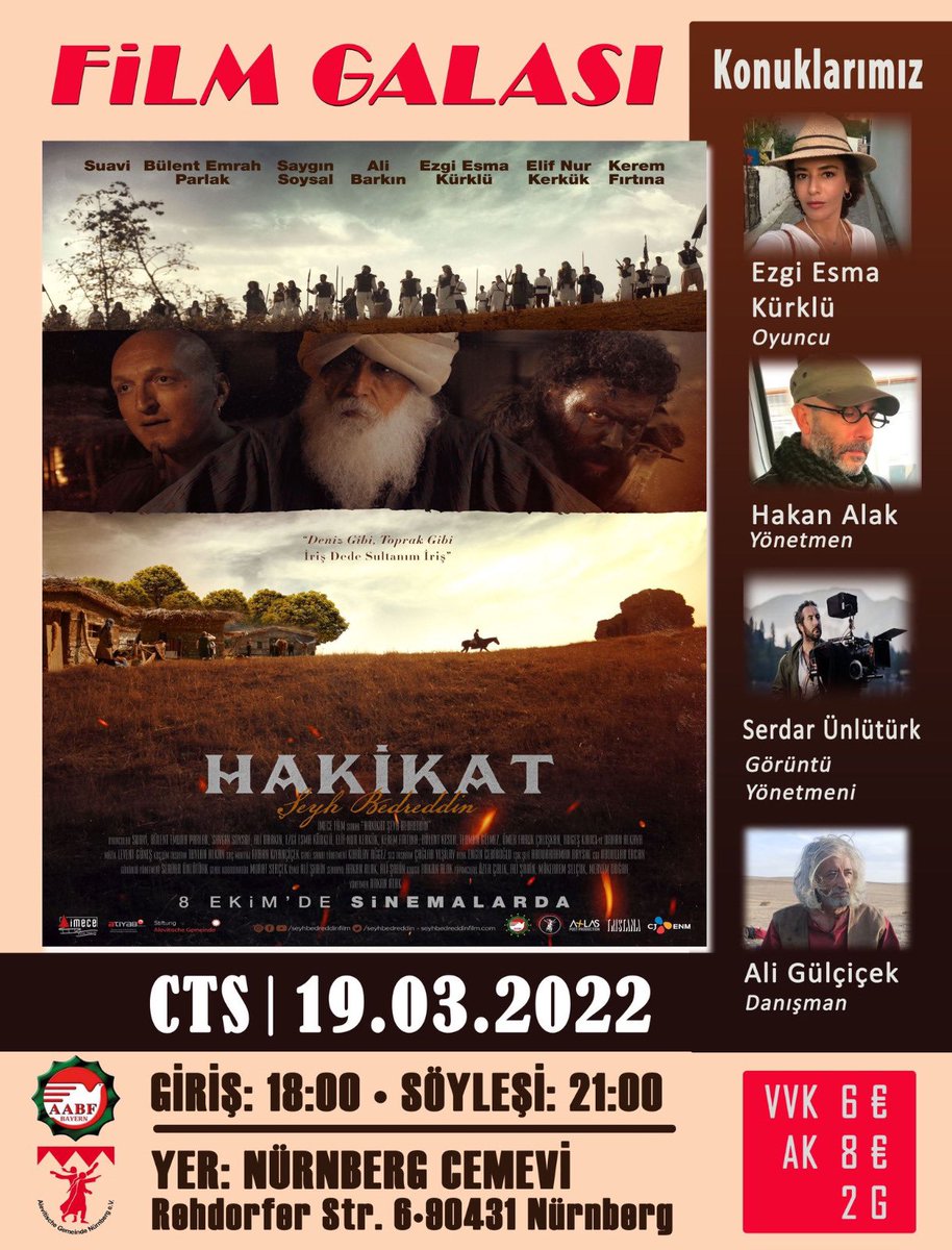 Cumartesi 19/03/2022 Saat 18:00’de Nürnberg Cem Evi’nde <a href="/halak74/">نونو</a> <a href="/ezgiesmakurklu/">ezgi esma</a> #SerdarÜnlütürk #AliGülÇiçek’in katılacağı Galamıza tüm dostlarımızı bekleriz! #Hakikat #film #gala #nürnbergcemevi