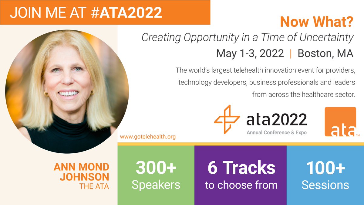 The event of record for virtual care – #ATA2022 – is coming to Boston May 1-3! Join thought leaders and #healthcare visionaries from every segment of the #telehealth industry in developing actionable plans to answer our most pressing question: Now What? gotelehealth.org