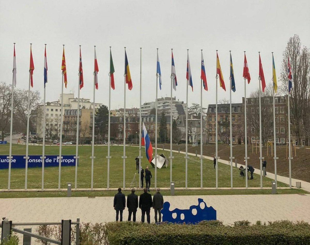 KyivPost's tweet photo. In front of the Council of #Europe in #Strasburg, a #Russian flag is being removed. https://t.co/8zKCdVFx9z