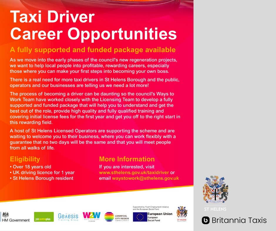 OPPORTUNITIES!

#StHelens are offering a FULLY FUNDED package to become a St Helens badged #Taxi and Private Hire Driver.

We are offering HUGE SETTLE DISCOUNTS for any driver who comes through the scheme.

To register your interest visit zcu.io/gnBQ