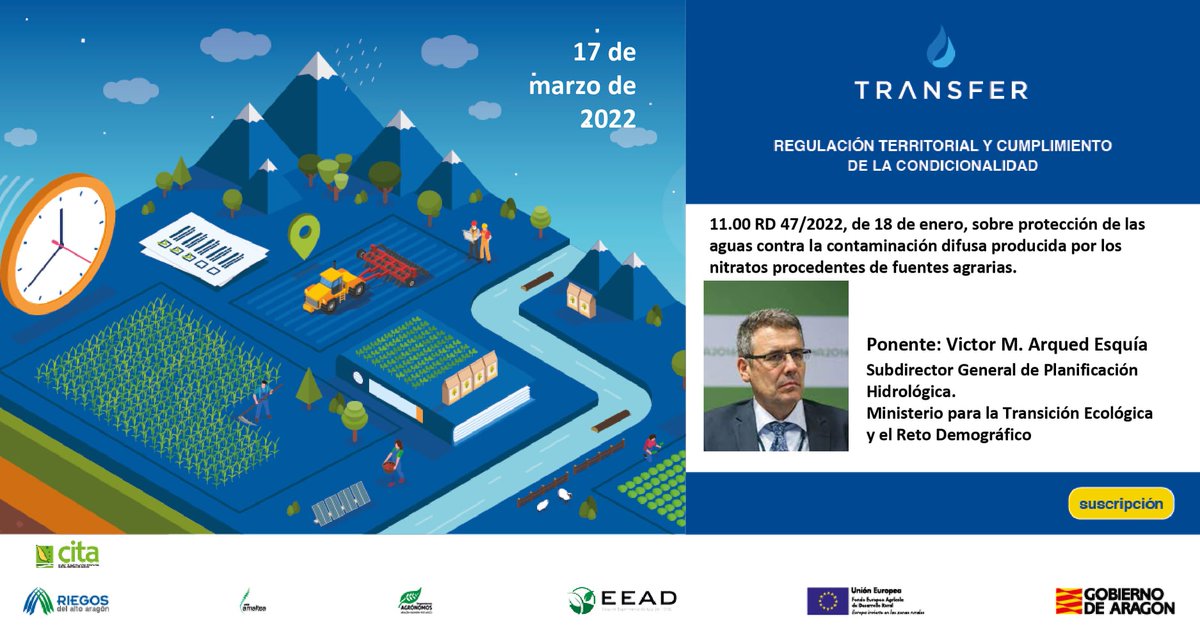 👩‍🏫 Nuevo curso de <a href="/TRANSFER_ARAGON/">TRANSFER</a> 
 🌿🌱💧 'RD 47/2022, de 18 de enero, sobre protección #aguas contra #contaminación difusa producida por #nitratos procedentes de fuentes #agrarias'.
🗓️ Jueves 17 de marzo a las 11 horas.
💻 Síguelo aquí: cutt.ly/QPPvavn