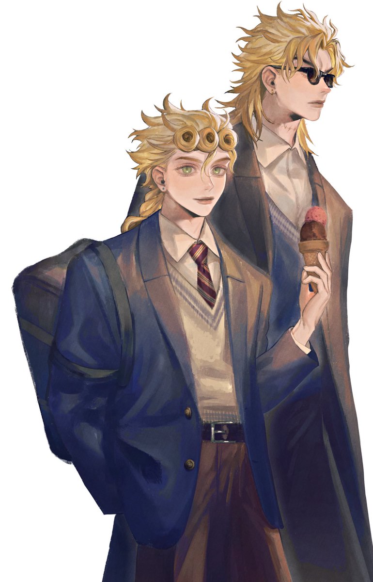 dio brando ,giorno giovanna blonde hair 2boys multiple boys food necktie sunglasses male focus  illustration images