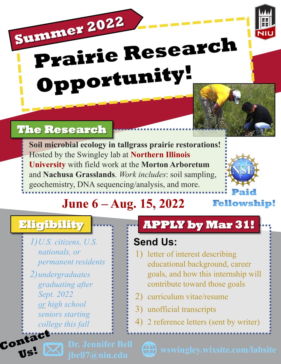 Do you know any cool undergrads that want to come work on soil microbial communities with me this summer? Send them my way! <a href="/WSwingley/">Wesley Swingley</a>  #REU #Nachusa #MortonArb #NIU #SummerResearch