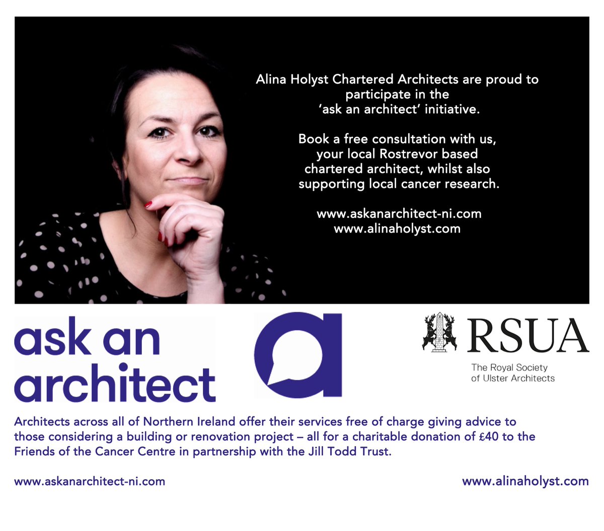 AlinaHolyst's tweet photo. Proud to participate in the #askanarchitect initiative this year. Book a consultation with us, your local Rostrevor architect, for a charitable donation to help fight cancer #rsua #architectureni #friendsofthecancercentre #rostrevorarchitects https://t.co/ao4coaRq2c