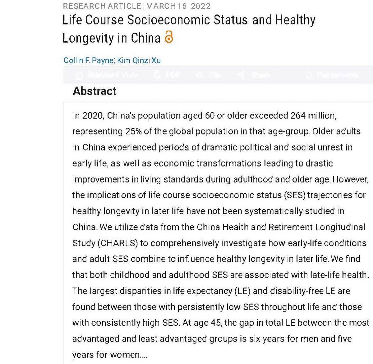 New from @collinfpayne &amp; Kim Xu on SES &amp; longevity in China: Life expectancy &amp; disability-free LE differ most w/ persistently low or high SES over the life course. Accumulation of advantage/disadvantage may drive disparities among elderly. <a href="/Demography_ANU/">ANUDemography</a> 
ow.ly/XlQj50IkFJN