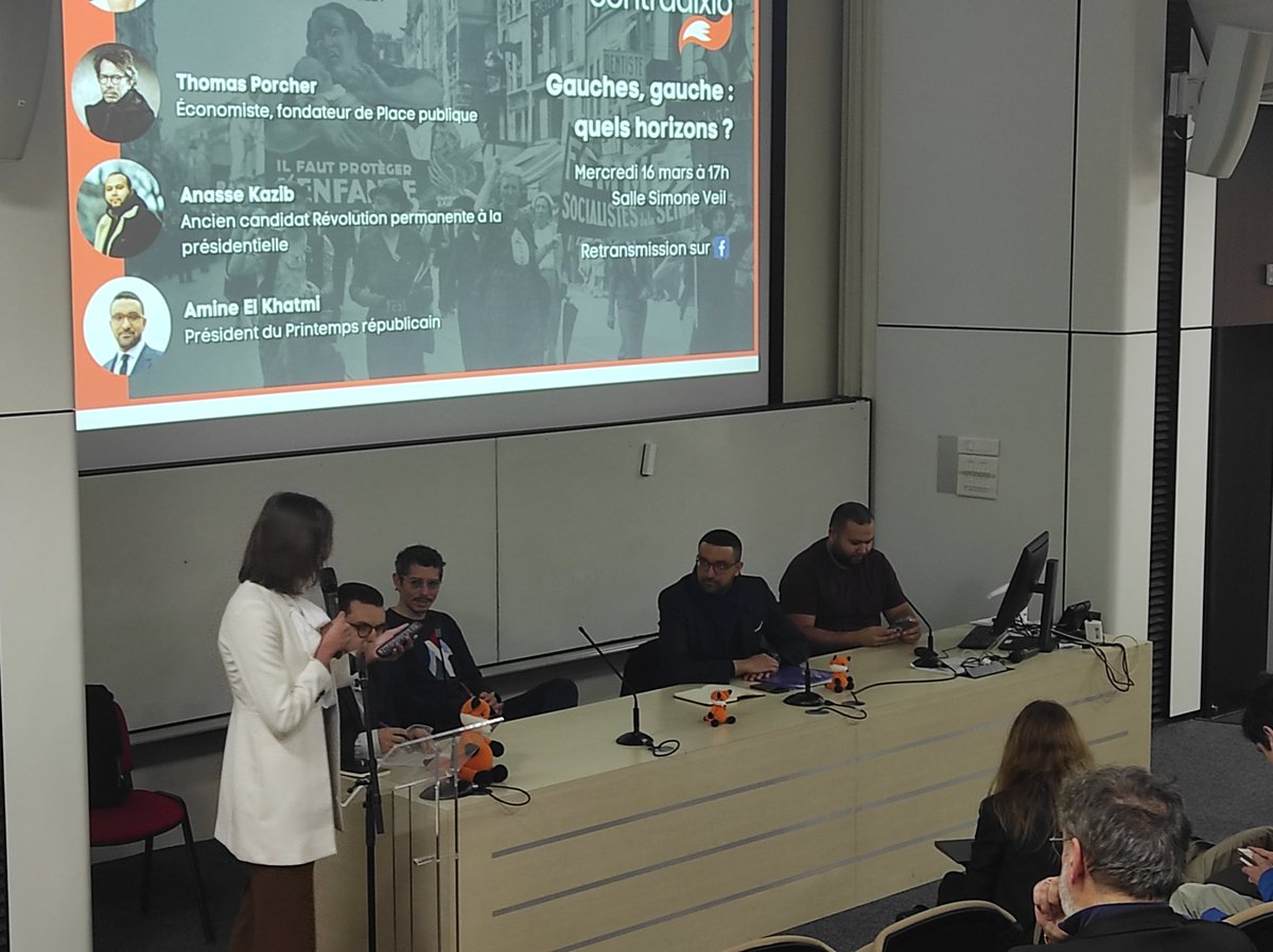 [Table-ronde à Science-Po Paris] Gauches, gauche : quels horizons ? 

<a href="/AnasseKazib/">Anasse Kazib</a> face à <a href="/PorcherThomas/">Thomas Porcher</a> et <a href="/Aminelkhatmi/">Amine El-Khatmi</a> pour défendre la perspective d'une gauche révolutionnaire, anti-raciste et féministe.

Débat organisé par <a href="/contradixioscpo/">Contradixio Sciences Po 🦊</a> 
Live fb 👉 facebook.com/contradixio/vi…