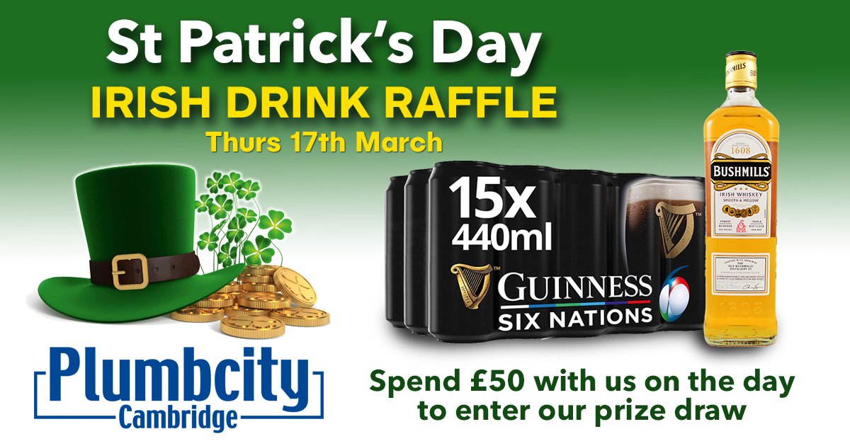 Plumbcity Cambridge are celebrating St Patrick's day tomorrow. Come &amp; spend £50 on the day and you will enter a prize draw to win either 15x cans of Guinness or a bottle of Bushmills Irish Whiskey! Ask staff for details. T&amp;Cs apply. #StPatricksDay #IrishDrink #Raffle #Offer