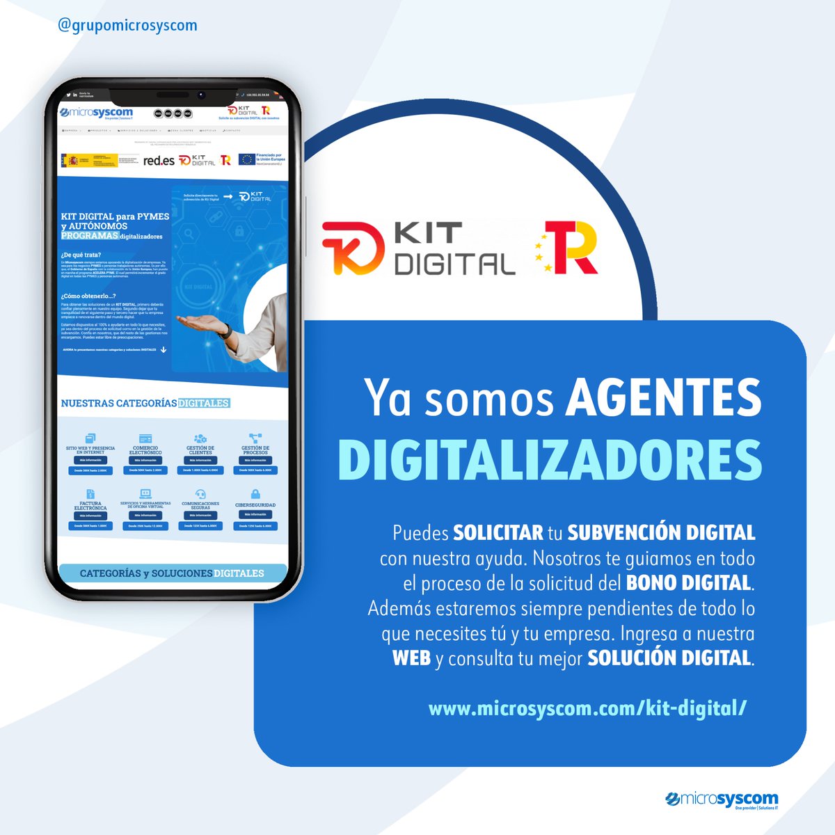 Estamos muy contentos de contaros que ya formamos parte del catálogo de #agentesdigitalizadores del plan #KitDigital. Desde el 15 de marzo ya podéis solicitar vuestra subvención. Para más información INGRESAR a nuestro nuevo artículo ➡️ microsyscom.com/plan-kit-digit…. 
#microsyscom