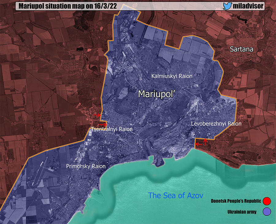 miladvisor's tweet photo. Mariupol' situation map on 16/3/22.#Mariupol #Ukraine https://t.co/g2c9C8cUnZ