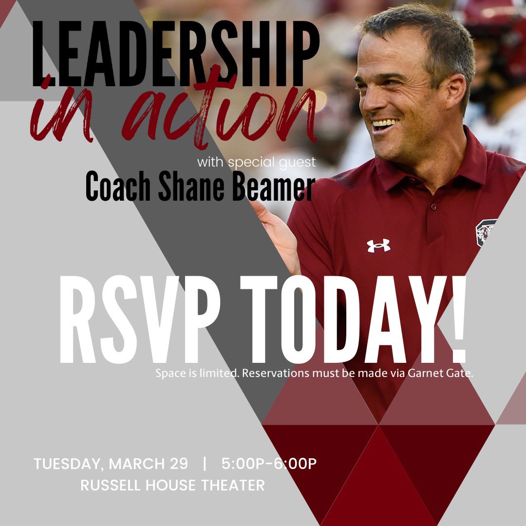 The Leadership in Action Series allows students the to experience leadership from community leaders.

Join Coach Beamer, UofSC Head Football Coach, as he discusses his experiences and answers questions from you on how to get the most out of your experiences! #uofsc #gogamecocks