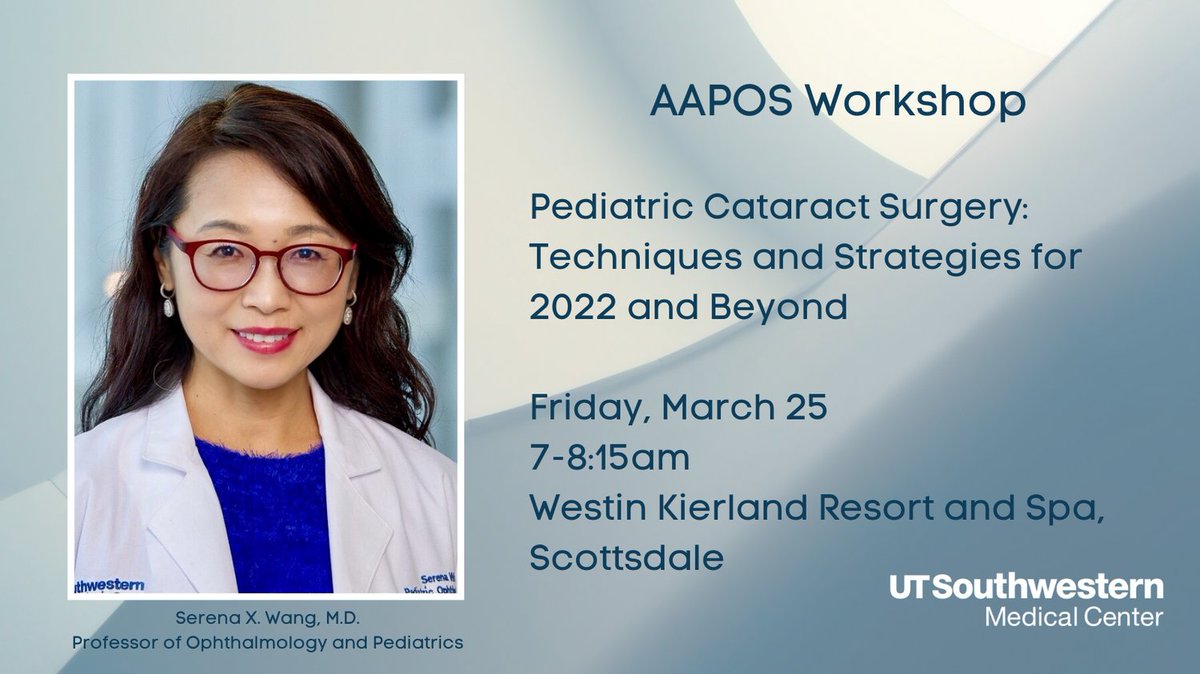 utsweye's tweet photo. If you’re heading to Scottsdale, AZ next week for AAPOS’ 47th annual meeting, be sure to catch the Pediatric Cataract Surgery workshop featuring Serena X. Wang, M.D.
@AAPOS4kids https://t.co/Ellpd8C5jW