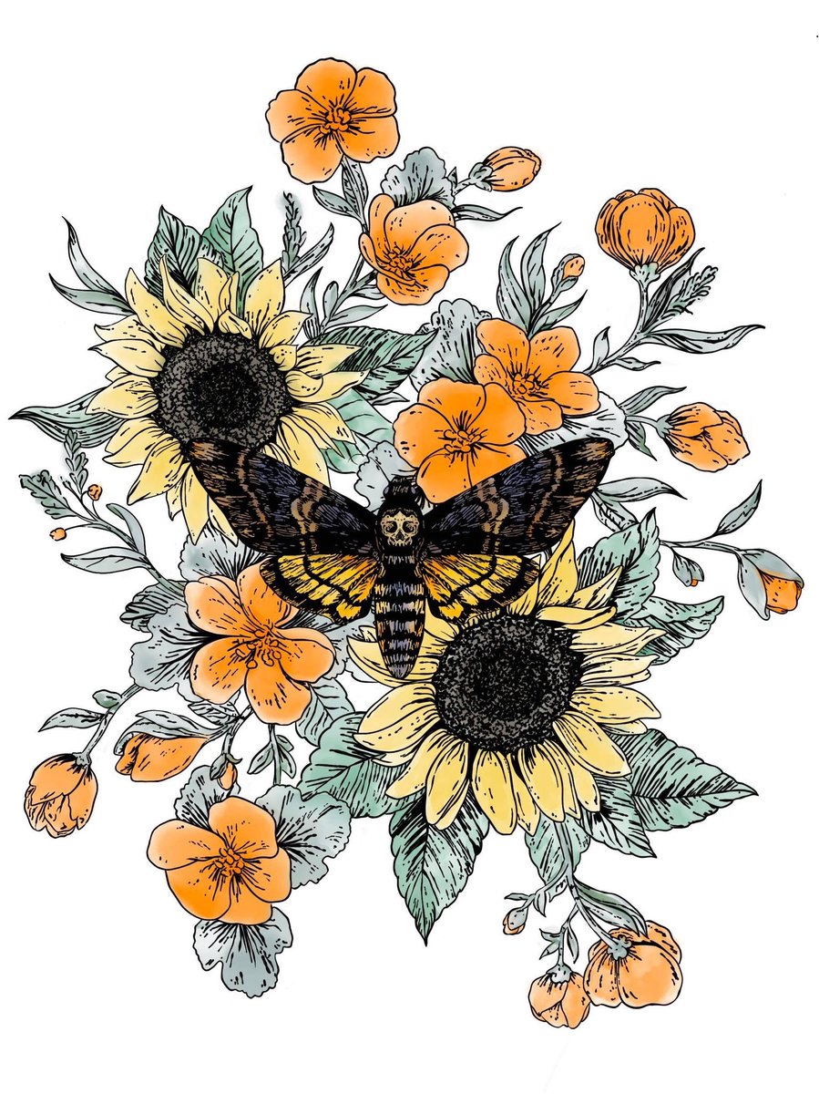 Work on new art? Nope! I’m just going to keep revising this tattoo I really want. 😂 

#Ink #DigitalInk #Tattoo #TattooIdea #TattooConcept #DeathMoth #Sunflowers #Marigolds #Watercolor #WatercolorPainting