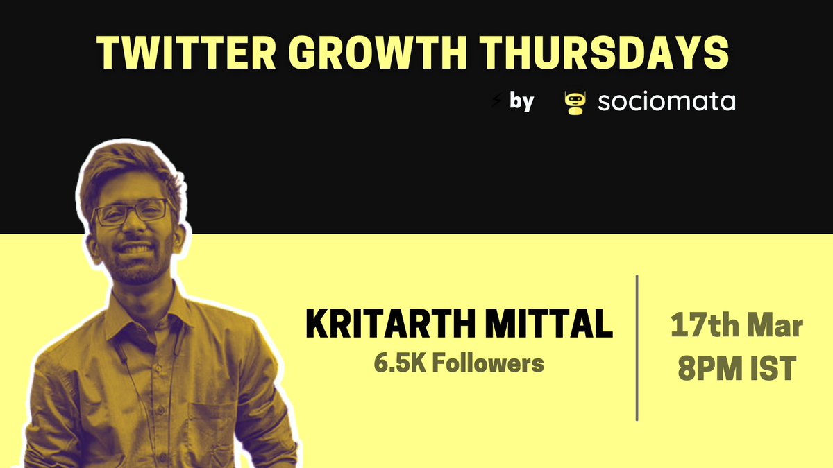 sociomata's tweet photo. This Thursday, we will be talking to @kritarthmittal in Twitter Growth Thursdays. We will learn about personal branding, network building and content creation as a developer on Twitter. 🚀

Set reminder: https://t.co/sA48abaBJY https://t.co/mKDWmMQW5N