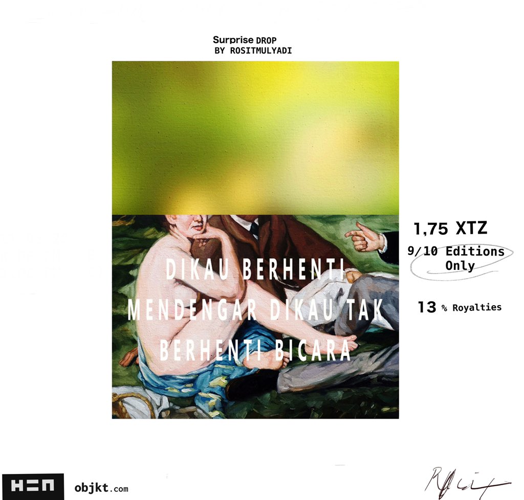 rositmulyadi's tweet photo. 🌈Surprise Drop🌈 

"Dikau berhenti mendengar dikau tak berhenti bicara"
By rositmulyadi

1,75 #tezos  
9/10edition
13% royalties
Link: https://t.co/dODTp9bXVR

@idnft_ 
@NFTindonesia_ 
@NFTAsiaOfficial 

#NFT #NFTProject #hicetnun #teia #objkt #NFTdrop #nftcollector #cleannft https://t.co/SamWkVCZJp