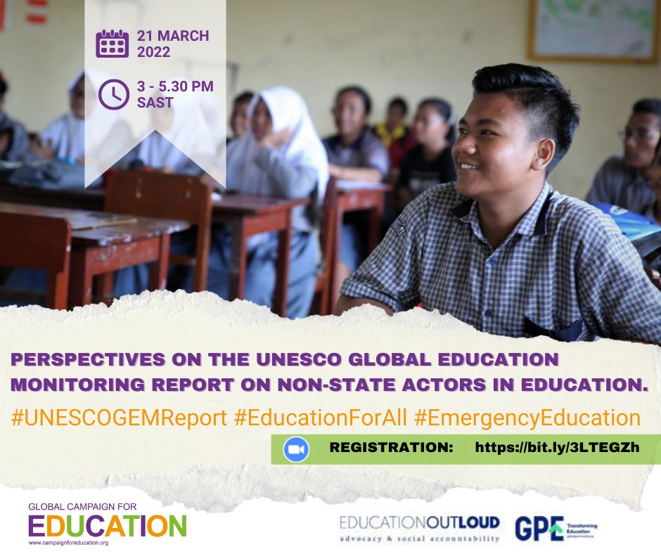 globaleducation's tweet photo. Who are the key players in Education today? Who chooses?  Who loses? Join us on March 21st 2022 at 3.00pm SAST to hear different perspectives on the  #UNESCOGEMReport on Non-State Actors in Education https://t.co/VpwTFKmQ2z. #EducationForAll #EmergencyEducation #UNESCOGEMReport https://t.co/youRAJk4vm
