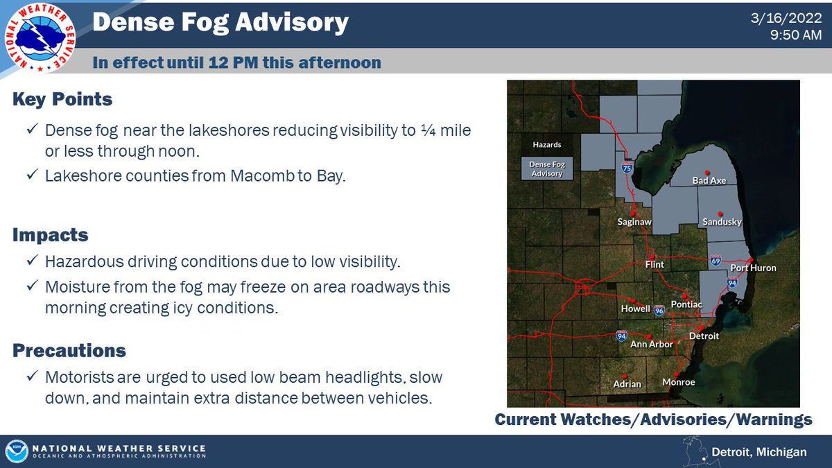 Dense Fog Advisory has been extended till noon today due to persistent dense fog along the Lakes Huron and St Clair shorelines. #miwx