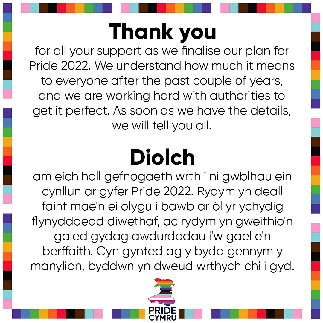 PrideCymru's tweet photo. An update from us regarding Pride 2022 ♥️🏳️‍🌈🏳️‍⚧️ https://t.co/jLosbAcfwn