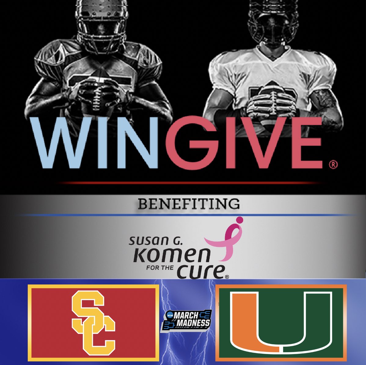WinGiveApp's tweet photo. #MarchMadness is a chance to fight breast cancer!
Choose to represent #USC #FightOn or #Miami #TheU, pledge a #WinGive to @SusanGKomen— and if your team wins, your pledge becomes a donation in honor of your team’s victory!
🔗: https://t.co/Bzry8gQrGi https://t.co/VoIeswCJ23