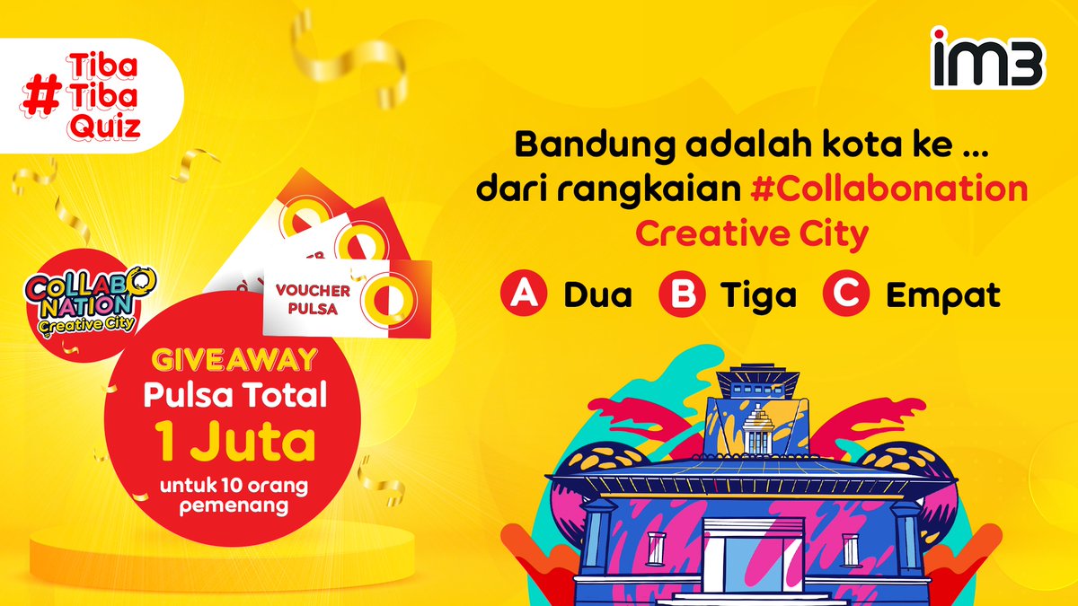indosatim3's tweet image. 🚨 GIVEAWAY pulsa total 1 Juta untuk 10 orang pemenang!

Cari clue-nya di 👉🏻 bit.ly/3tWrRFo 

Cara:
- Follow Twitter @indosatim3
- RT &amp;amp; REPLY pakai #TibaTibaQuiz #Collabonation

Reply yang banyak sampai 22-3-2022! Best of luck 😉

S&amp;amp;K: bit.ly/3thYmyN