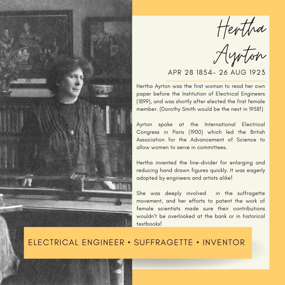 DiscoverEorg's tweet photo. Just in time for #BSW22 our next #Engineer is Hertha Ayrton! She was the first female member of @TheIET in 1899! Her work inspired @BritSciAssoc to include women in their committees! Also she tutored Marie Curie's daughter! https://t.co/7Y0w31No8l